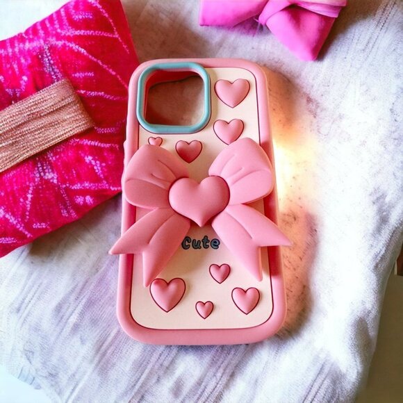 iPhone 15/14 Pro Max 3D Heart Bow Detail Phone Case - Picture 1 of 7